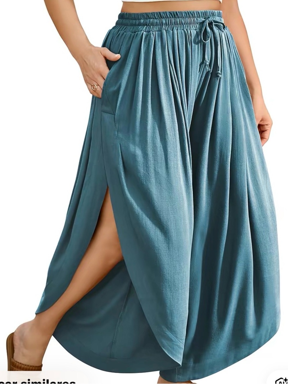 Tarse Women’s Teal Blue Wide Leg Drawstring Palazzo Pants Lake Blue 2XL